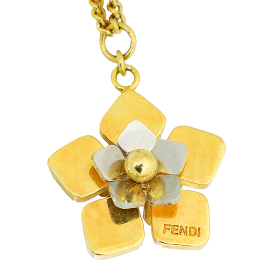 Fendi Two Tone Flower Pendant Long Necklace