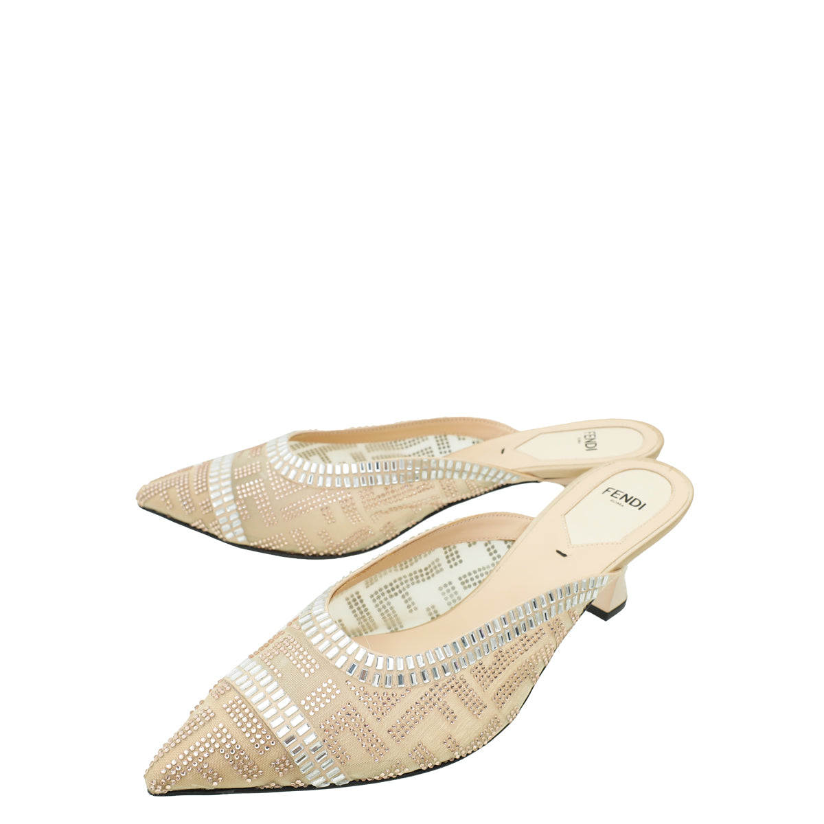 Fendi Beige Metallic Colibrì Crystal Embellished Mules 38.5