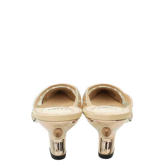 Fendi Beige Metallic Colibrì Crystal Embellished Mules 38.5