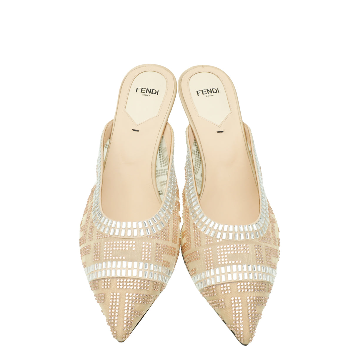 Fendi Beige Metallic Colibrì Crystal Embellished Mules 38.5