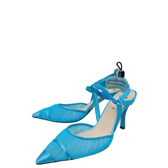 Fendi Light Blue Satin Colibri Lite Tulle and High-Heeled Slingback 38.5