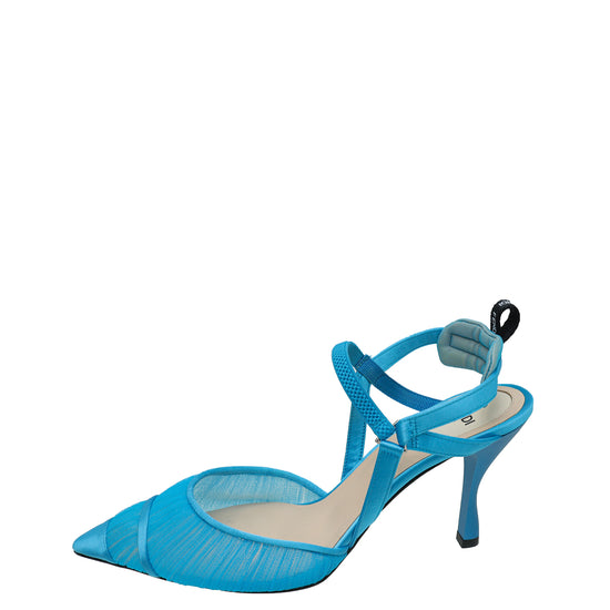 Fendi Light Blue Satin Colibri Lite Tulle and High-Heeled Slingback 38.5