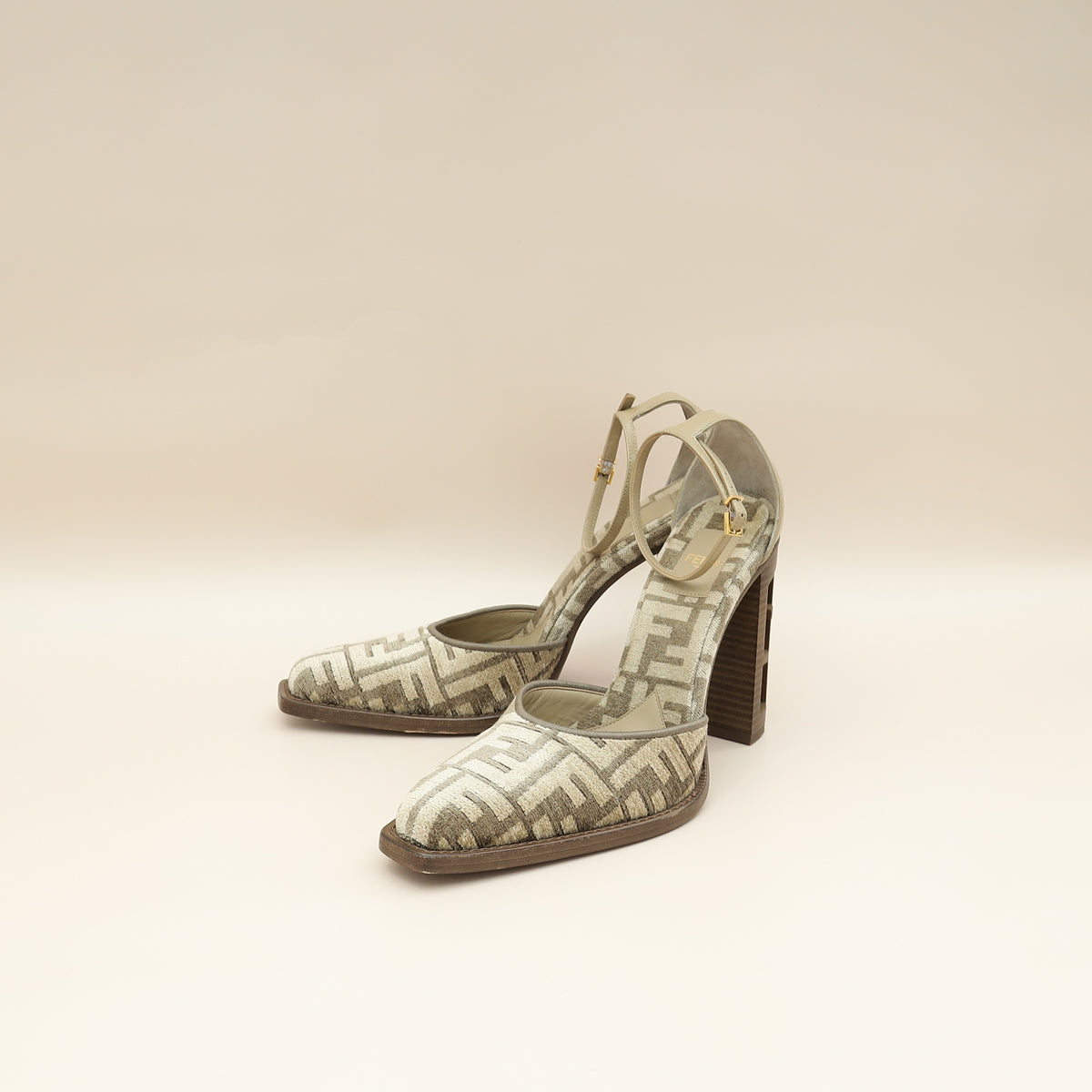 Fendi Tortora Nuvola FF Chenille Velvet FF Cut Baguette Ankle Strap 105mm Pumps 38.5