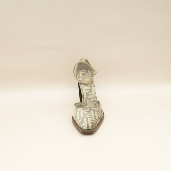 Fendi Tortora Nuvola FF Chenille Velvet FF Cut Baguette Ankle Strap 105mm Pumps 38.5