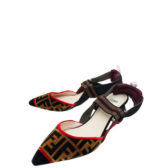 Fendi Brown Multicolor FF Velvet Colibri Medium Heeled Slingback Pumps 38.5