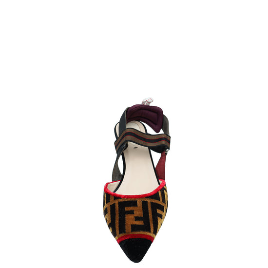 Fendi Brown Multicolor FF Velvet Colibri Medium Heeled Slingback Pumps 38.5