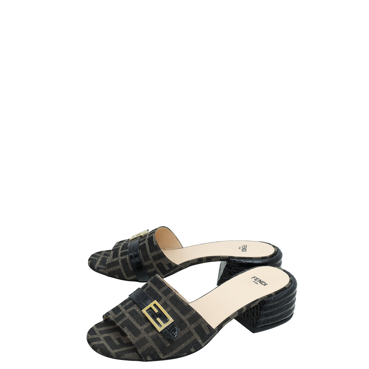 Fendi Bicolor Zucca FF Buckle Heeled Mules 38-Fendi-THE CLOSET