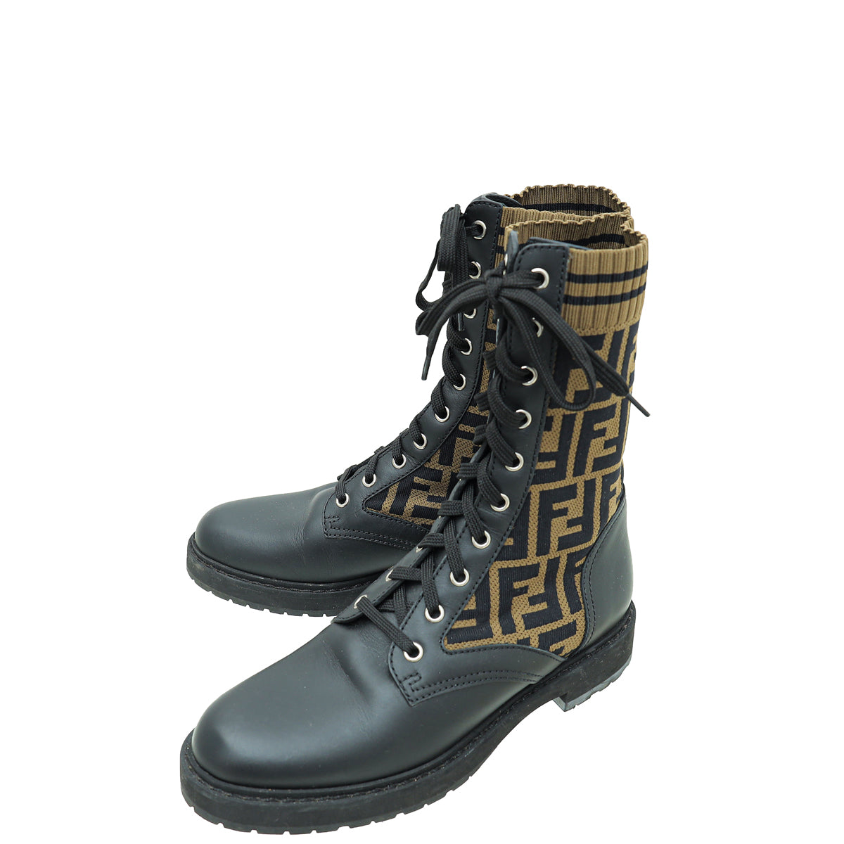 Fendi Bicolor FF Zucca Fabric Rockoko Combat Boots 38