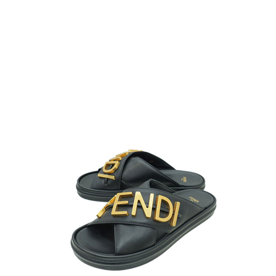 Fendi Black Vitello Fendigraphy Slide Sandals 40