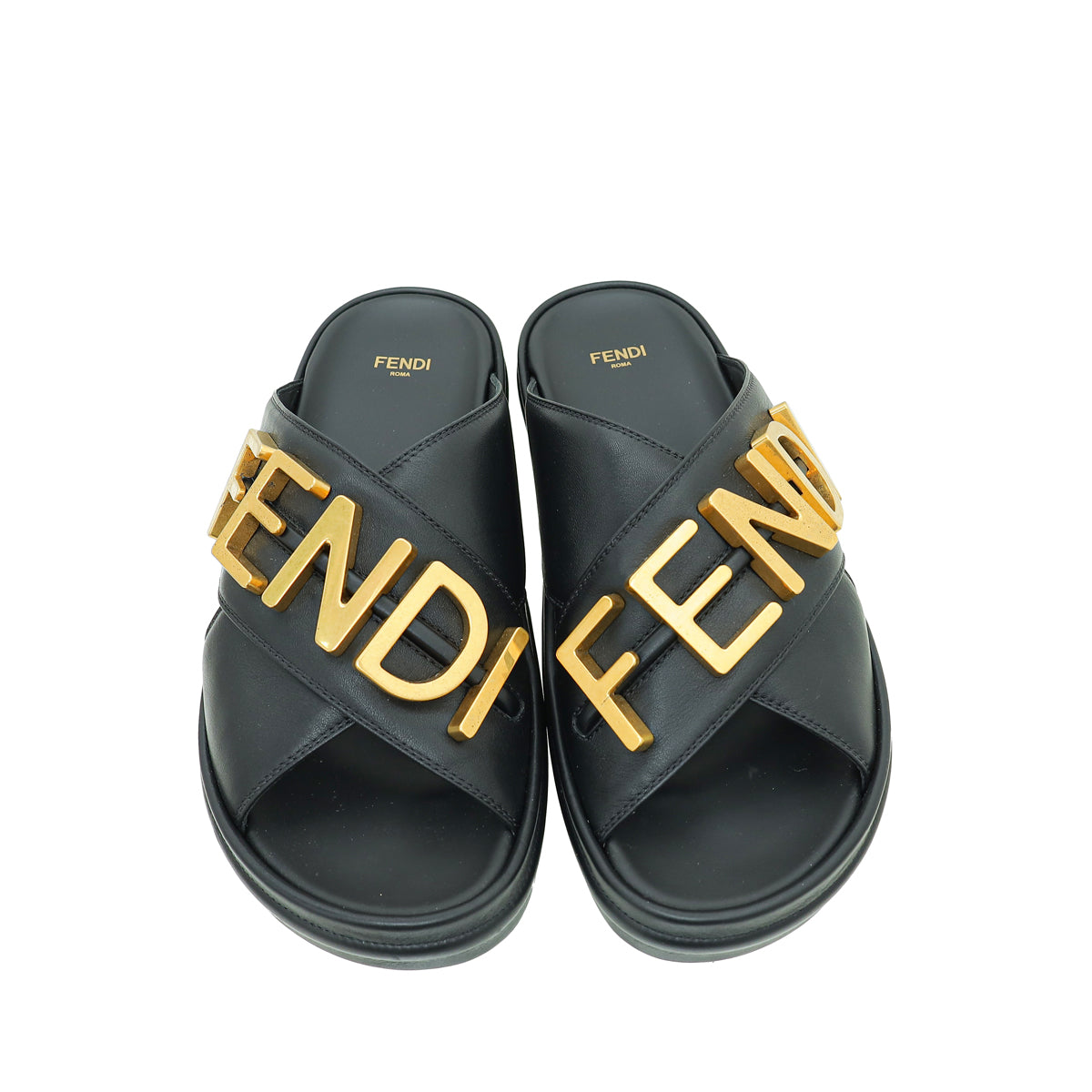 Fendi Black Vitello Fendigraphy Slide Sandals 40