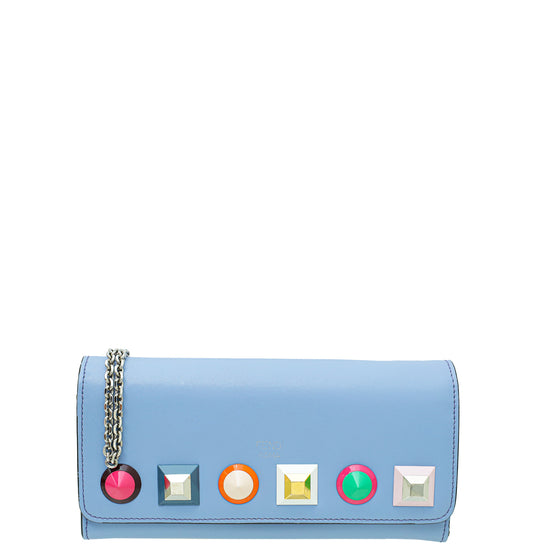 Fendi Lilac Blue Multicolor Studded Continental Wallet on Chain