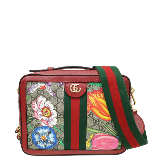 Gucci Red GG Supreme Ophidia Floral Small Bag