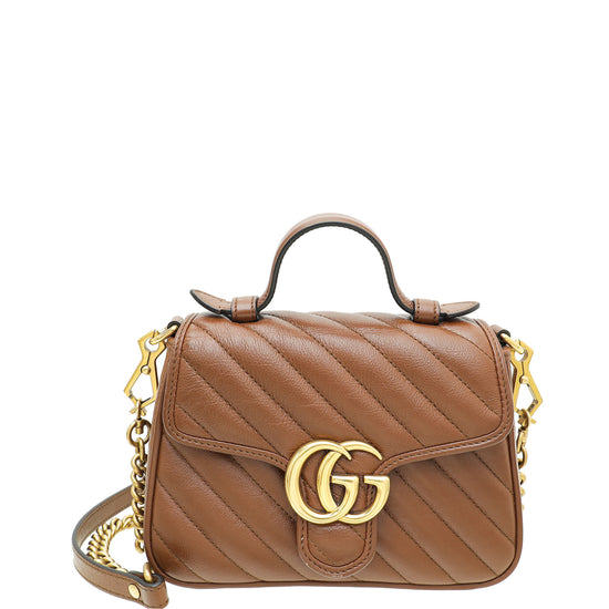 Gucci Brown Matelasse Diagonal GG Marmont Mini Top Handle Bag