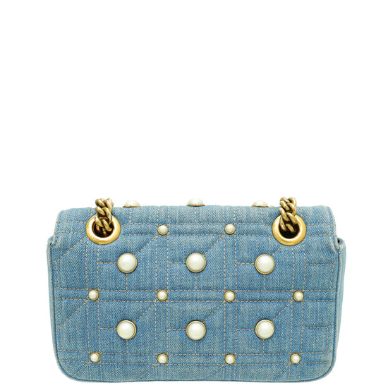 Gucci  Blue Aged Studded Pearl Denim GG Marmont Mini Bag