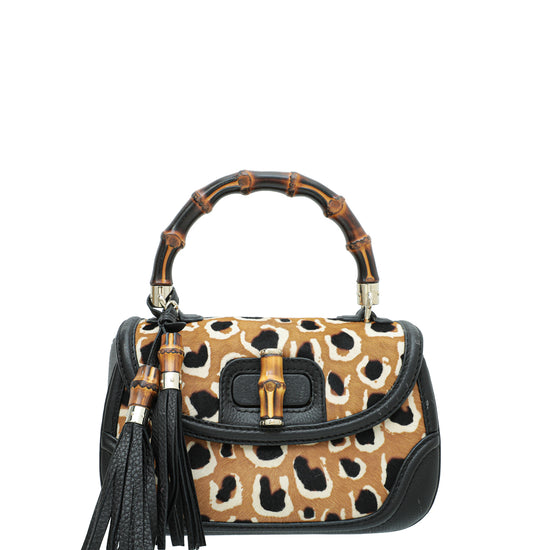 Gucci Bicolor Calf Hair Leopard Print New Bamboo Top Handle Medium Bag