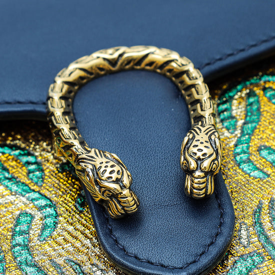 Gucci Navy Blue Multicolor Metallic Brocade Mini Dionysus Chain Wallet