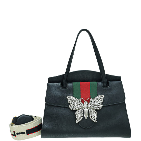 Gucci Black Crystal Butterfly Linea Tote Medium Bag