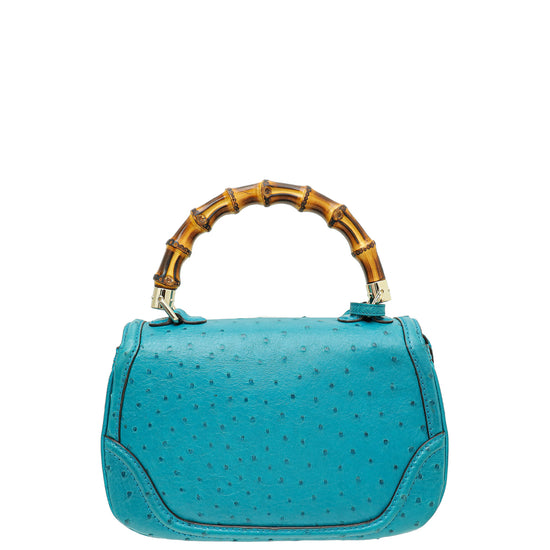 Gucci Turquoise Ostrich Tassel New Bamboo Medium Top Handle Bag