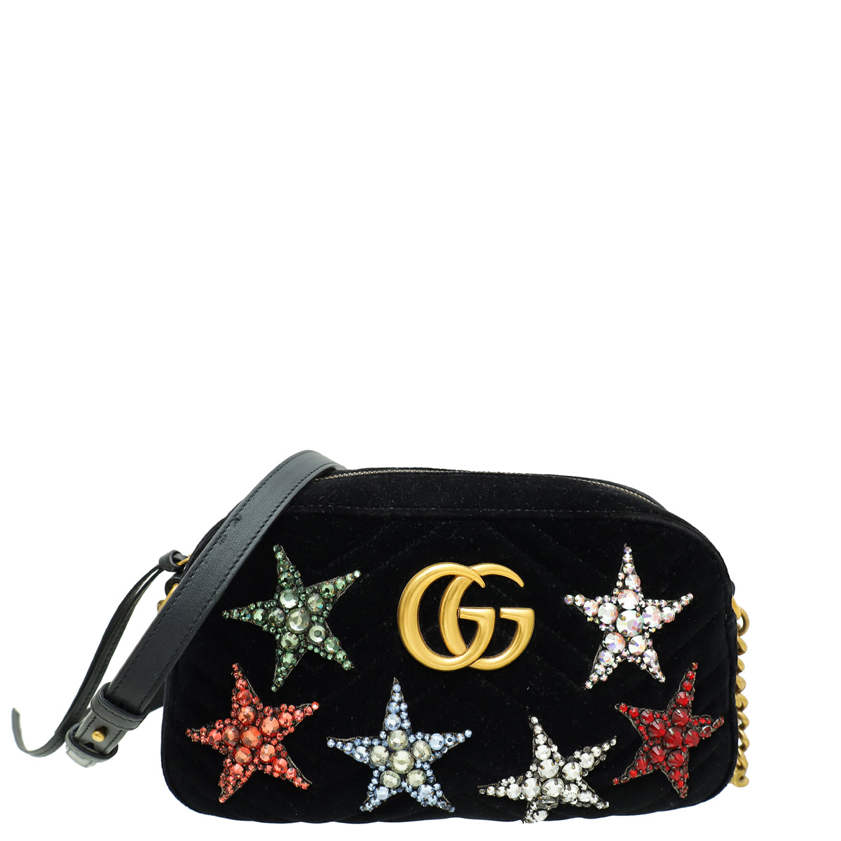 Gucci Black Velvet GG Marmont Crystal Star Small Bag