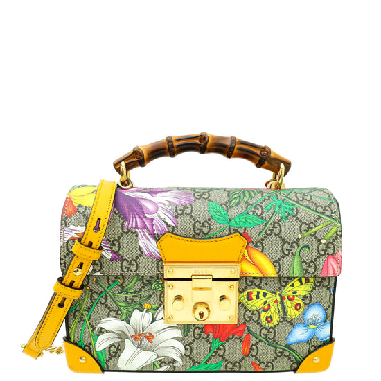 Gucci Multicolor GG Supreme Flora Padlock Bamboo Small Top Handle Bag