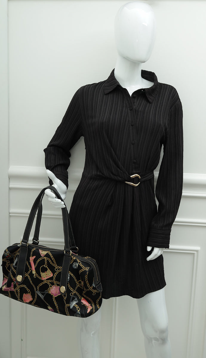 Gucci Black Multicolor Printed Silk Satin Charmy Boston Bag