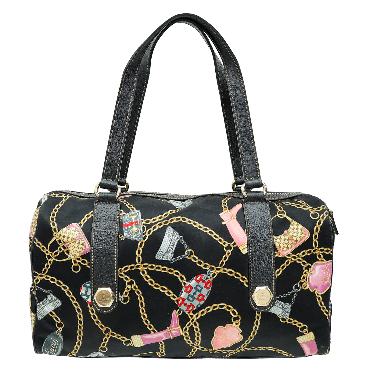 Gucci Black Multicolor Printed Silk Satin Charmy Boston Bag