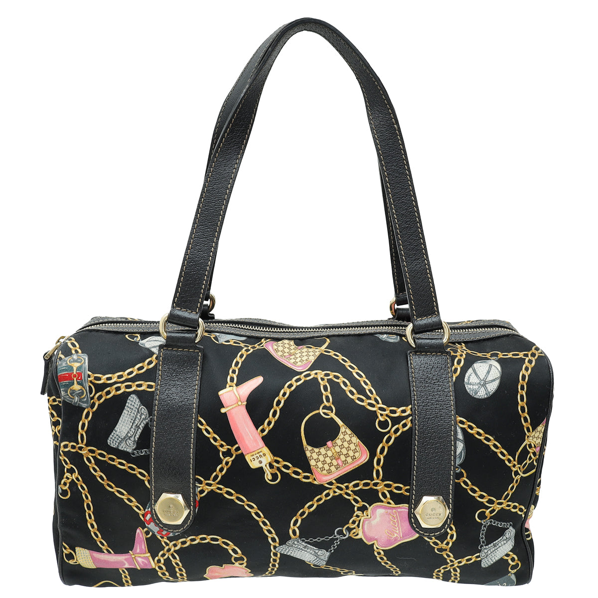 Gucci Black Multicolor Printed Silk Satin Charmy Boston Bag