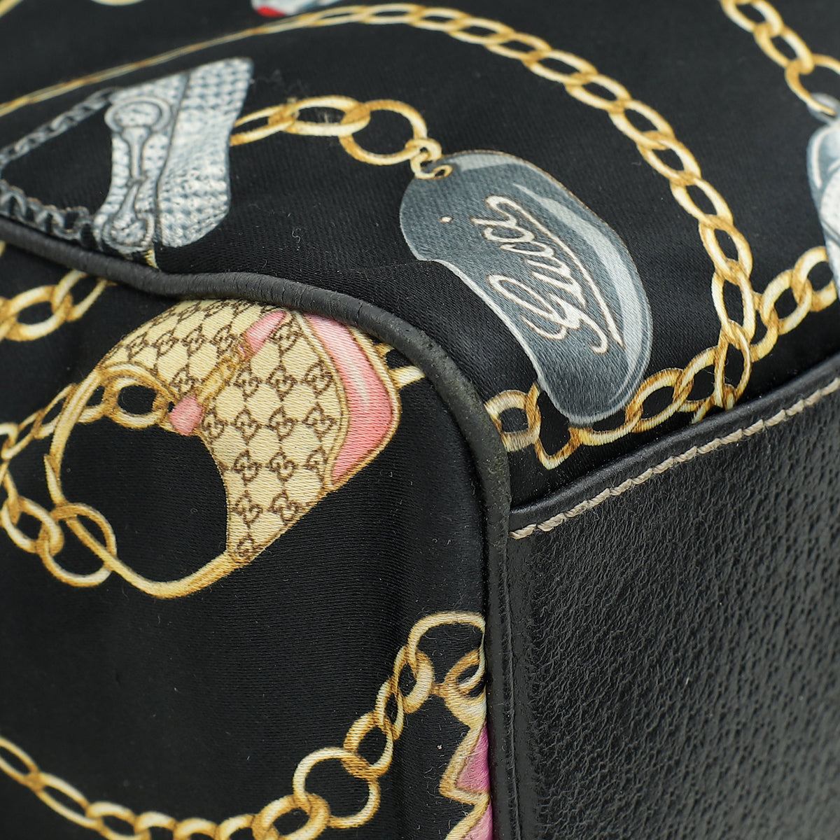 Gucci Black Multicolor Printed Silk Satin Charmy Boston Bag