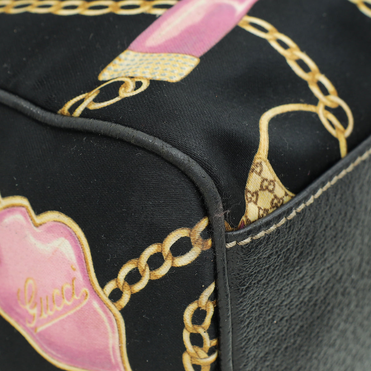 Gucci Black Multicolor Printed Silk Satin Charmy Boston Bag