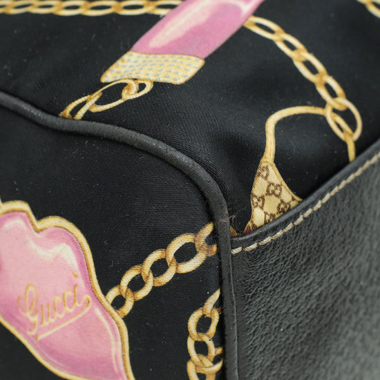 Load image into Gallery viewer, Gucci Black Multicolor Printed Silk Satin Charmy Boston Bag
