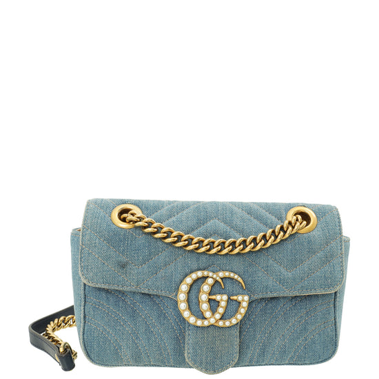 Gucci Blue Denim GG Pearly Marmont Mini Shoulder Bag