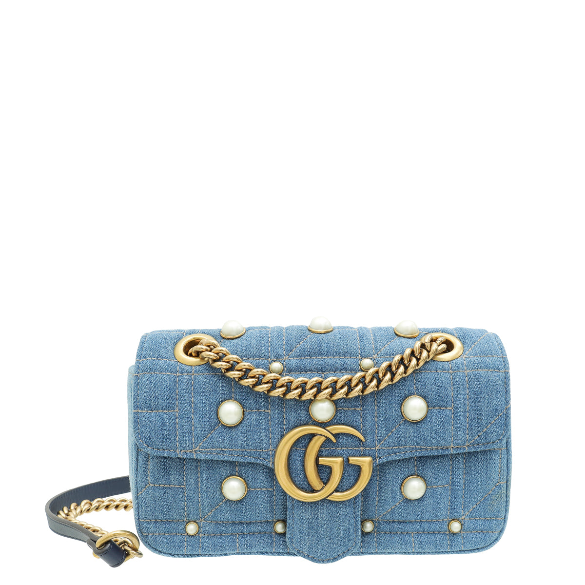 Gucci Blue GG Denim Marmont Pearl Mini Shoulder Bag-Gucci-THE CLOSET