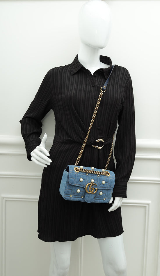 Gucci Blue GG Denim Marmont Pearl Mini Shoulder Bag-Gucci-THE CLOSET