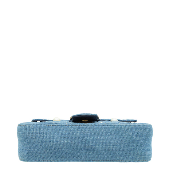 Gucci Blue GG Denim Marmont Pearl Mini Shoulder Bag-Gucci-THE CLOSET
