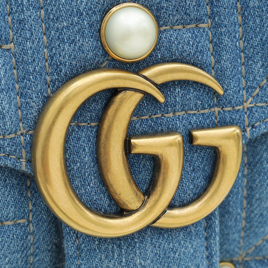 Gucci Blue GG Denim Marmont Pearl Mini Shoulder Bag-Gucci-THE CLOSET