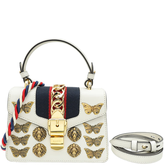 Gucci White Animal Studs Mini Sylvie Top Handle Bag