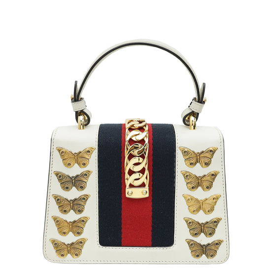 Gucci White Animal Studs Mini Sylvie Top Handle Bag