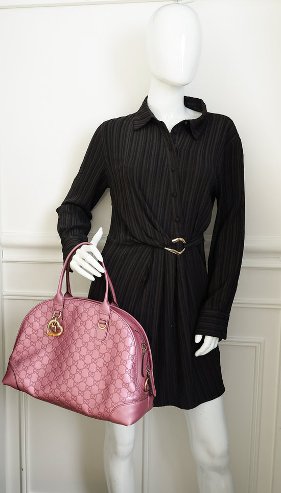 Gucci Metallic Pink Guccissima Heart Bit Charm Dome Satchel Bag