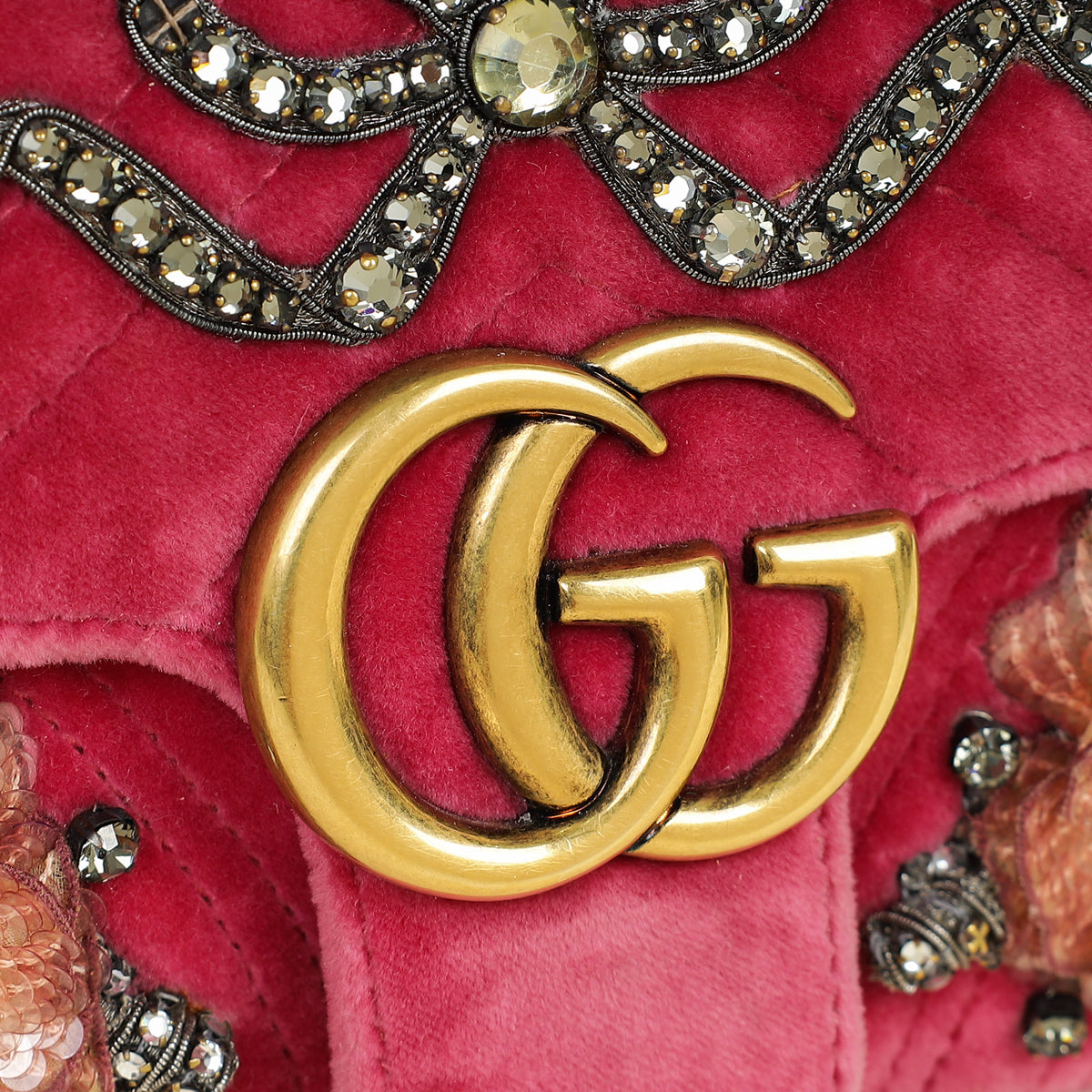 Gucci Dark Pink GG Marmont Velvet Embroidered Shoulder Bag
