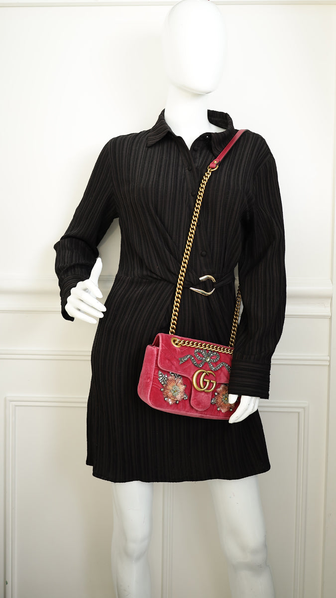 Gucci Dark Pink GG Marmont Velvet Embroidered Shoulder Bag