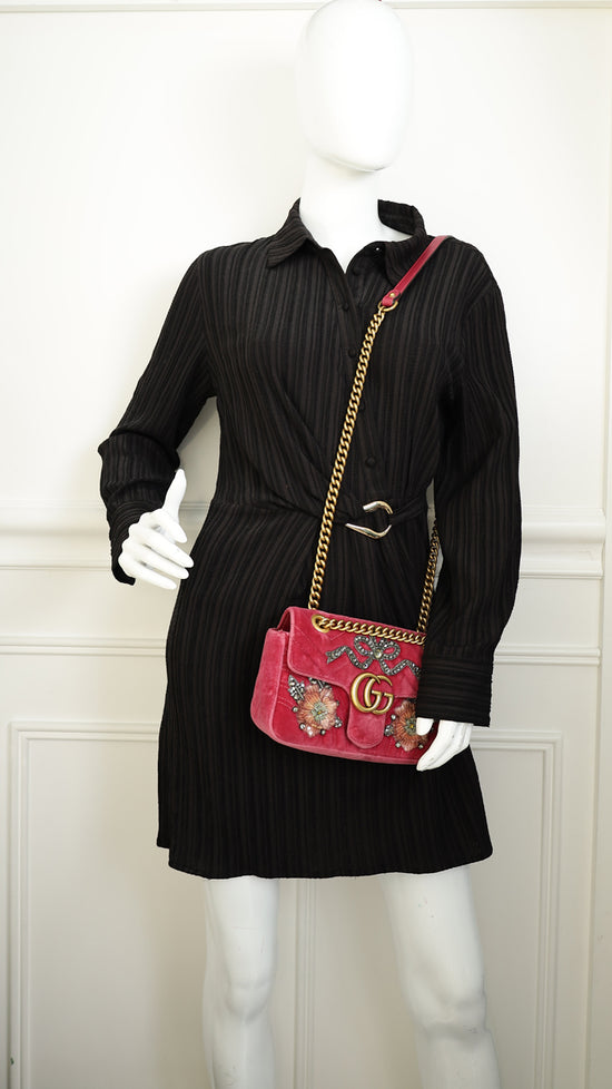 Gucci Dark Pink GG Marmont Velvet Embroidered Shoulder Bag