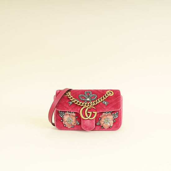 Gucci Dark Pink GG Marmont Velvet Embroidered Shoulder Bag