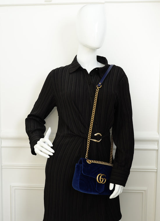 Gucci Dark Blue GG Marmont Velvet Small Shoulder Bag
