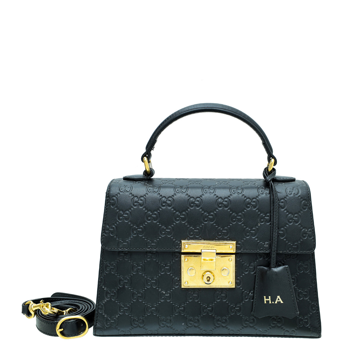 Small padlock top store handle signature leather bag