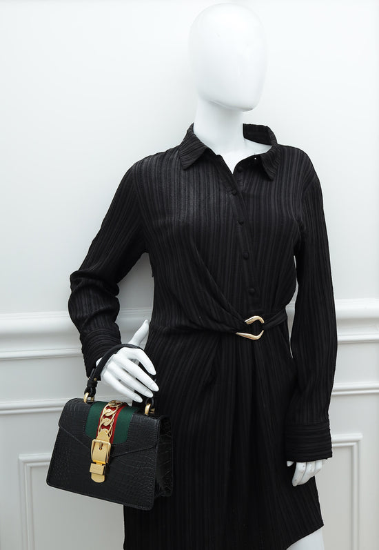 Gucci Shiny Black Alligator Sylvie Mini Top Handle Bag