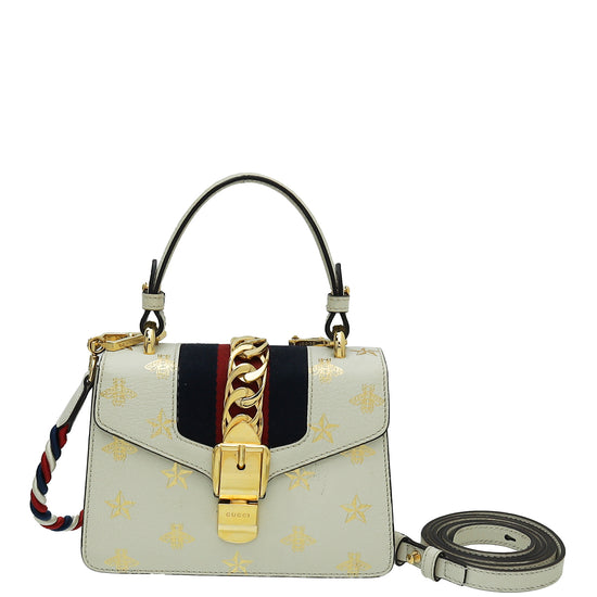 Gucci White Sylvie Top Handle Bee Star Mini Bag