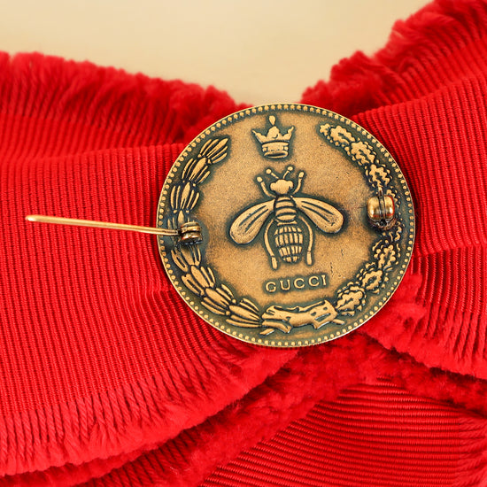 Gucci Red Grosgrain Crystal Bow Brooch-Gucci-THE CLOSET