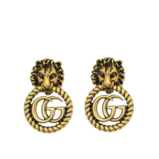Gucci Antique Gold GG Lion Head Clip On Earrings