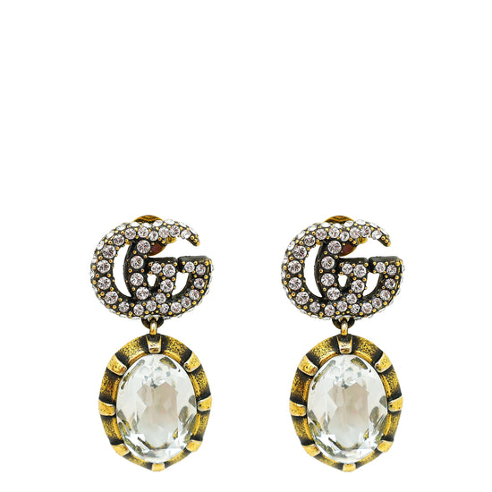 Gucci Aged Gold Double G Crystal Drop Stud Earrings