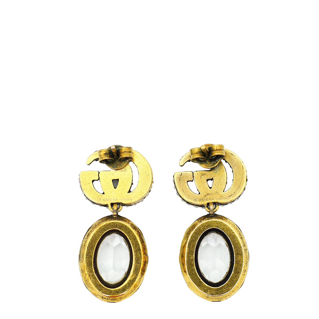 Gucci Aged Gold Double G Crystal Drop Stud Earrings